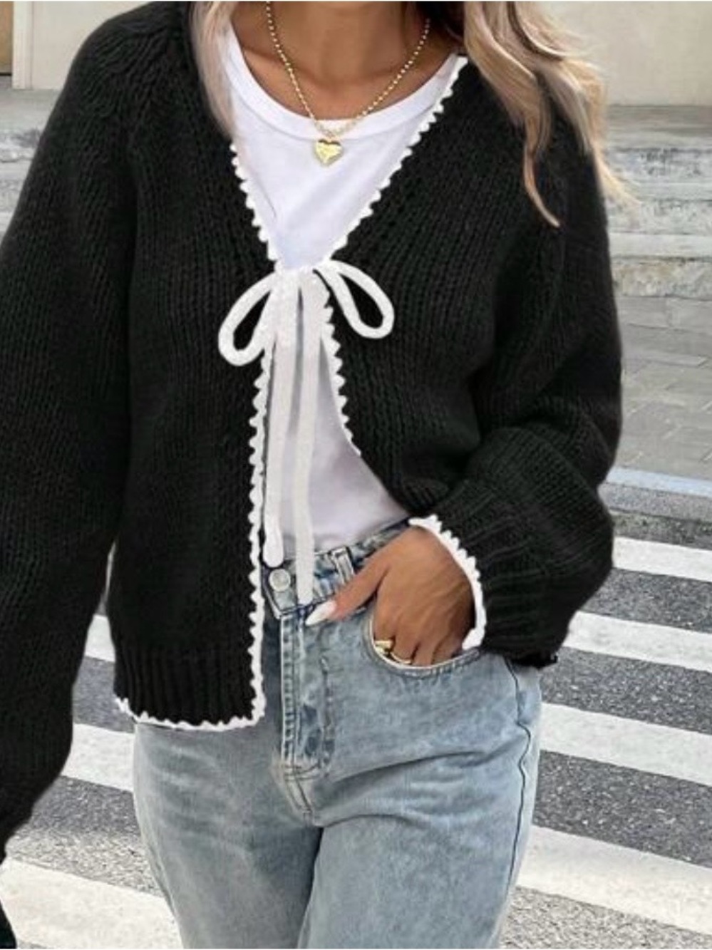 SHEIN Black Knit Tie-Front Cardigan with White Trim